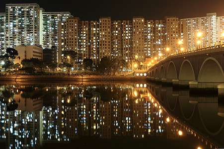 晚上在香港的住宅公寓楼 夜里摩天大楼市中心城市港口办公室反射景观场景金融天际图片