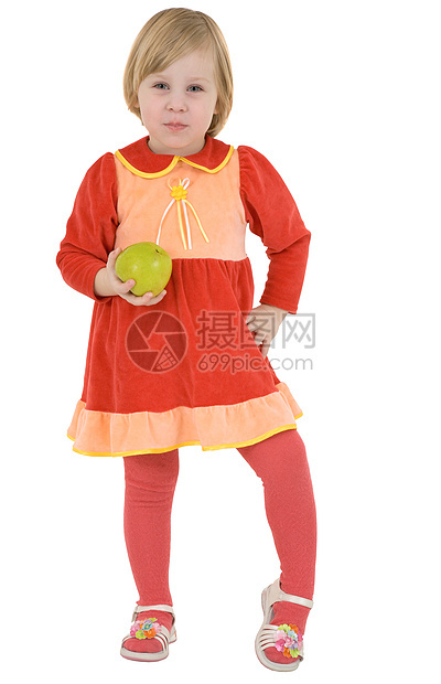 小女孩和苹果红色裙子微笑绿色水果白色图片