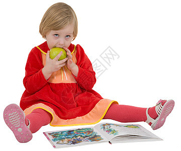 带书和苹果的小女孩图片