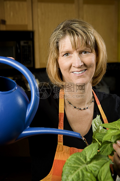 厨房妇女给工厂浇水女性植物快乐叶子喷口房子成人微笑围裙项链图片
