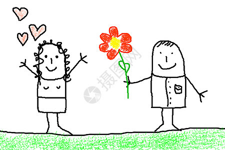 与花朵相爱的爱情概念绘画展示夫妻女孩婚礼女性插图白色惊喜女士图片