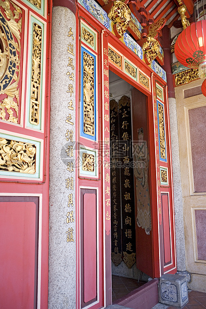 中国寺庙入口信仰红色传统文化灯笼旅行建筑风景佛教徒庆典图片