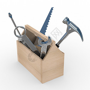 带工具的木箱 孤立的 3D 图像维修扳手公用事业服务求助工作修理螺丝刀商业金属背景图片