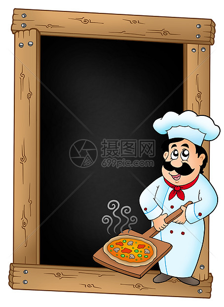 带厨师和披萨盘的黑板图片