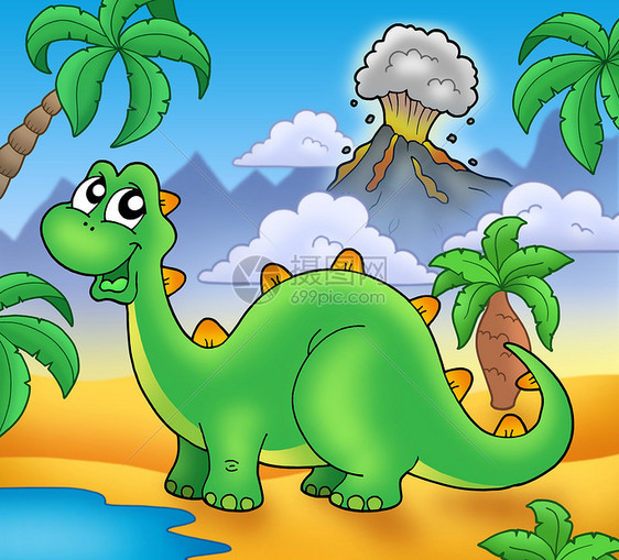与火山一起可爱的绿色恐龙图片