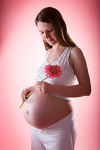 怀着花朵的美丽的孕妇身体母亲成人格柏幸福享受肚子女孩工作室腹部图片