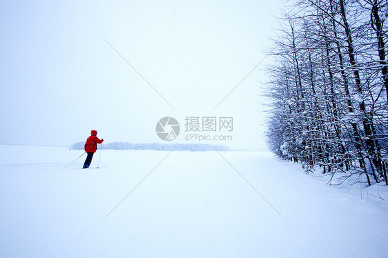 冬季天单越野孤独蓝色国家女士滑雪者活动滑雪季节运动图片