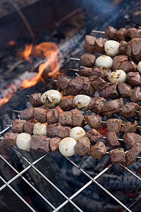 希什凯巴布斯炙烤烤串洋葱分数营火美食盘子牛肉烘烤燃烧图片