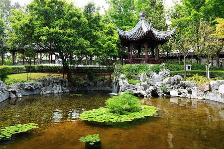 中国花园花朵旅行岩石传统木头池塘小路建筑石头植物图片