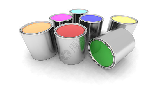 彩虹色油漆罐装潢银色产品作品绘画工具光泽工业工作建造图片