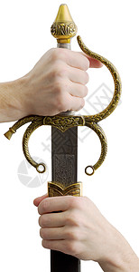 手握刀剑男性刀柄金属装饰品背景图片