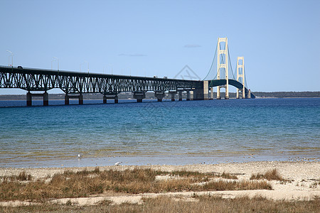 Mackinac桥电缆半岛汽车交通蓝色波浪城市卡车海峡湖泊图片