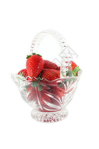 篮子里的草莓玻璃绿色甜点水果浆果白色红色叶子食物背景图片