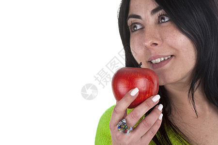 手里握着健康的红苹果的年轻女子女孩女性微笑喜悦午餐青年营养饮食皮肤水果图片
