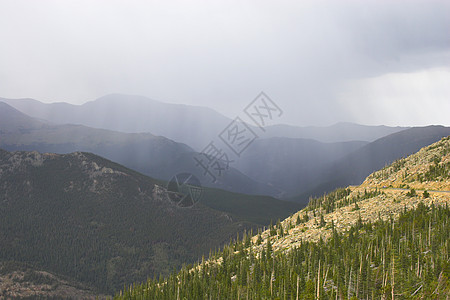 山山雨顶峰假期森林旅行蓝色叶子淋浴高山岩石小径高清图片