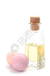 温泉油和浴池球化妆品玻璃瓶子粉色卫生场景温泉淋浴治疗黄色图片