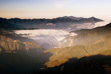 云像高山的海和瀑布蓝色太阳公园场景地平线木头阳光国家场地森林图片