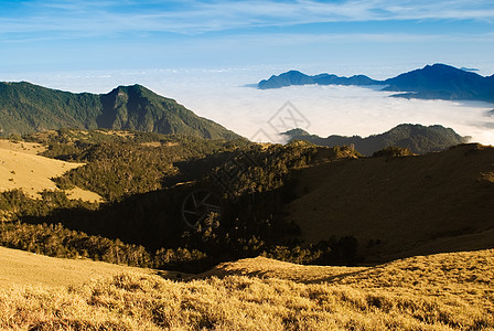 云像高山的海和瀑布太阳农村风景蓝色天空旅行环境森林爬坡荒野图片