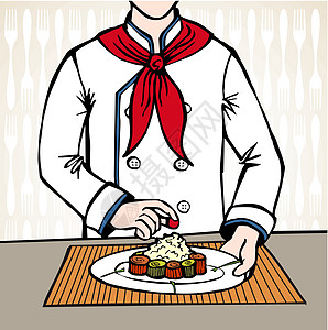 厨师做寿司帽子香料插图食物厨房盘子职业餐厅烹饪工作图片
