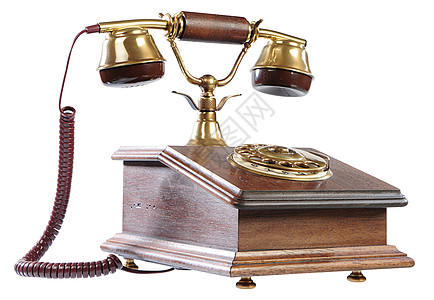 孤立的旧式电话绳索耳机木头数字乡愁旋转棕色拨号背景铃声图片