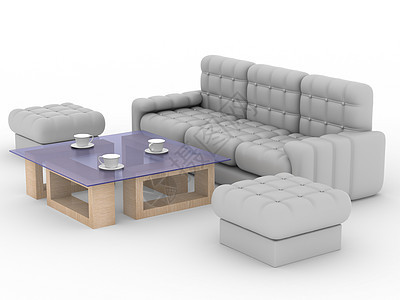 客厅内部的3D图像杯子长椅闲暇扶手椅沙发枕头风格座位皮革软垫图片