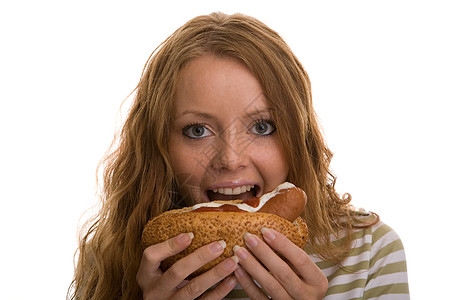 女孩吃热狗牛肉面包烧烤猪肉青年金发头发黄色餐厅包子图片