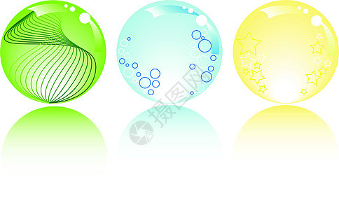 白色背景的发光区域辉光反射绿色玻璃圆圈圆形线条蓝色黄色星星图片