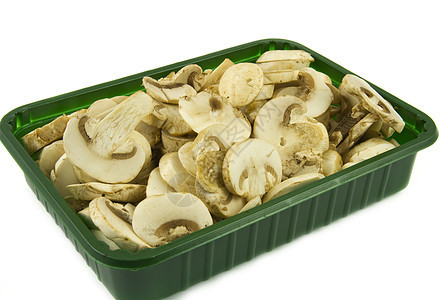 切成绿包的粉红玉米蘑菇包装饮食套管食物蔬菜菌类美食厨房盒子白色图片