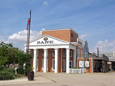 农业银行牛仔镇的地碑街道农业衬套殖民蓝色银行窗户农村牛仔木头背景