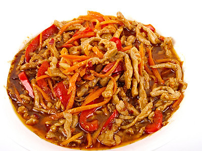 中国炸猪肉 胡椒和胡萝卜午餐油炸蔬菜盘子餐厅红色美食食物图片
