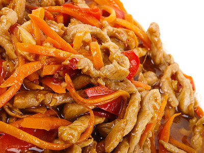 中国炸猪肉 胡椒和胡萝卜美食食物盘子蔬菜红色油炸餐厅午餐图片