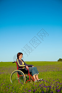 轮轮椅残疾妇女天空女孩思维车辆女性车轮草地活动成人蓝色图片