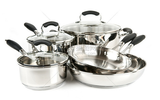 不锈钢锅和锅盖子把手烹饪发泄餐具厨房食物金属白色炊具图片