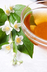 一杯含茉莉的绿茶饮料叶子杯子概念茶壶草本绿色生活草本植物茉莉花图片