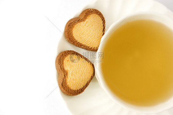 绿茶和心形饼干白色食物可可绿色小吃早餐杯子黄油图片