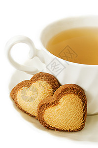 绿茶和心形饼干杯子绿色可可小吃食物黄油早餐白色图片