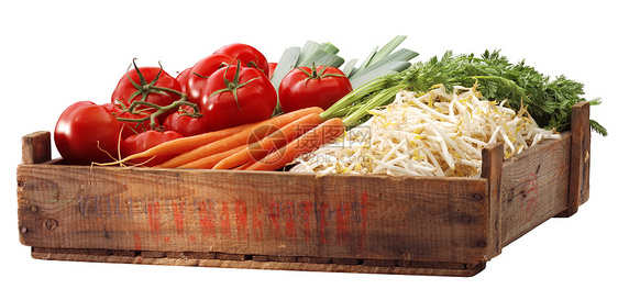 Crate番茄和其他蔬菜绿色季节性豆芽食品食物木头市场生产摊位健康图片