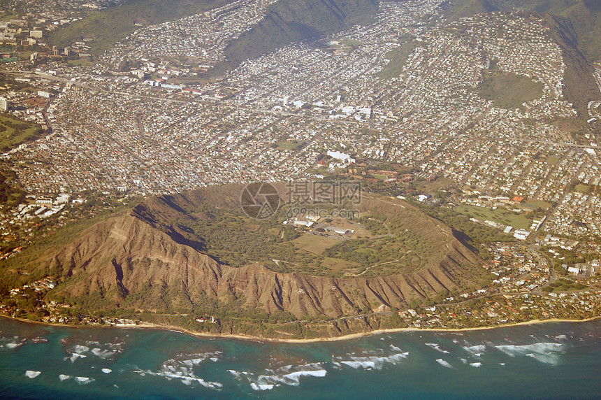 Oahu火奴鲁鲁夏威夷空中观密集地直升机海洋天线钻石高度钻石头旅行飞机图片