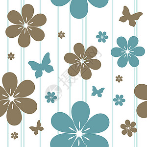 有鲜花和蝴蝶的无缝图案艺术品线条墙纸插图绘画条纹网站装饰品卡片蓝色图片