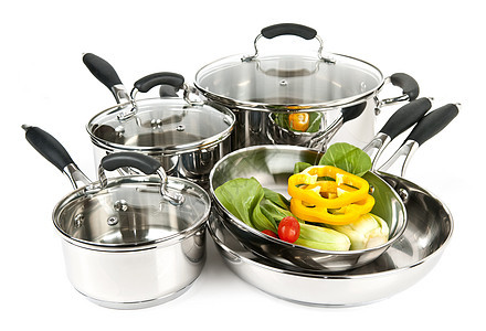 不锈钢锅和有蔬菜的锅厨房胡椒餐具食物玻璃盖子油炸煎锅烤箱厨具图片