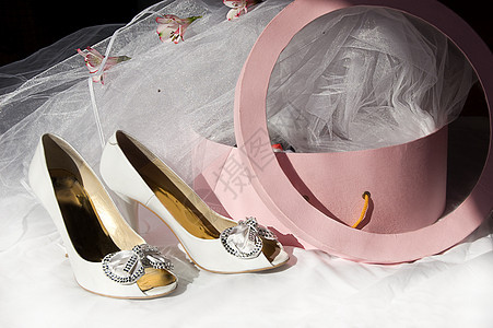 婚鞋 面纱和盒子新娘婚礼凉鞋粉色女性裙子结婚宏观高跟鞋礼物图片