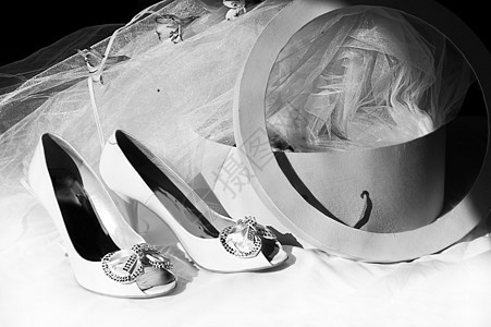 婚鞋 面纱和盒子女士裙子黑色女性薄纱宏观结婚婚礼新娘凉鞋图片