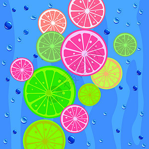 柠檬切片背景液体热带反射果汁飞溅水果蓝色气泡海浪食物图片
