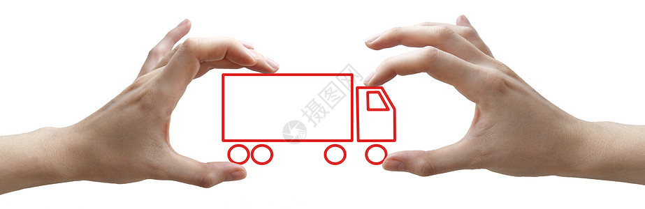 带有红色卡车概念的手运输手指图片