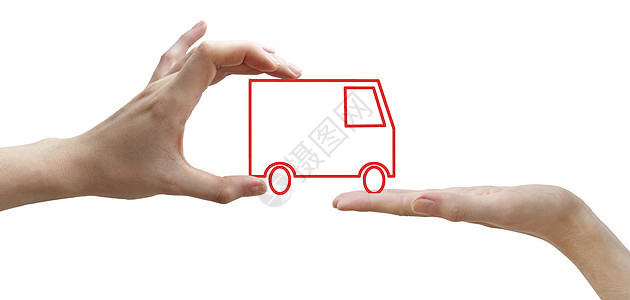带有红色卡车概念的手手指运输图片