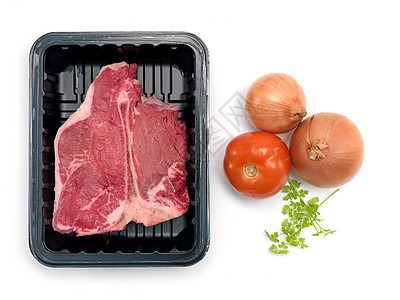 包装的 T Bone 牛排红色烹饪服务零售牛扒食物盘子骨头背景图片
