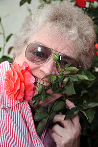 口中有花干的老年妇女图片