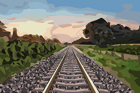 农村铁路小路天空蓝色航程绘画植被云景橙子旅行火车图片
