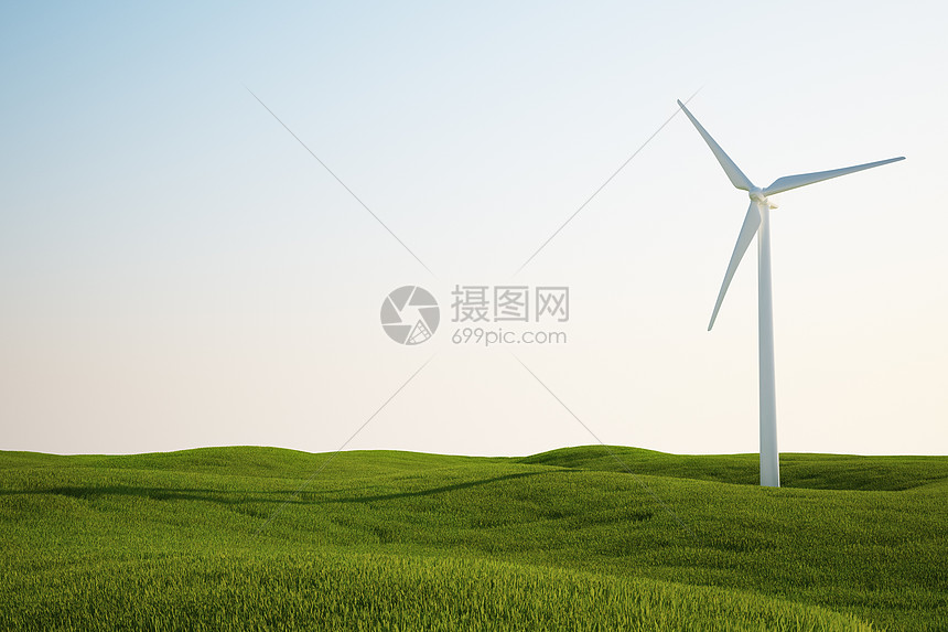 绿草地上的风风涡轮机风车计算机力量风力爬坡天堂刀片发电机草地地平线图片