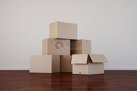 黑地板空房间的纸板箱木板运输硬木贮存白色包装计算机盒子卡片地面图片